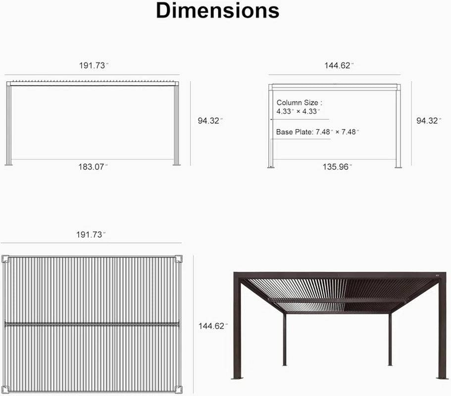 16 Ft. W X 12 Ft. D Aluminum Pergola with Roller Shade, 1 Long Side and 1 Short Side