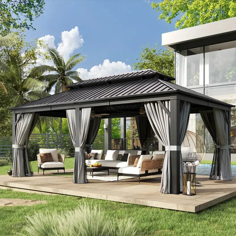 Aluminum patio gazebo measuring 20 ft. W x 12 ft. with a durable metal roof, gray curtains, and spacious design for outdoor living.