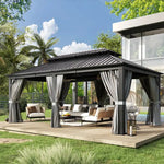 Aluminum patio gazebo measuring 20 ft. W x 12 ft. with a durable metal roof, gray curtains, and spacious design for outdoor living.