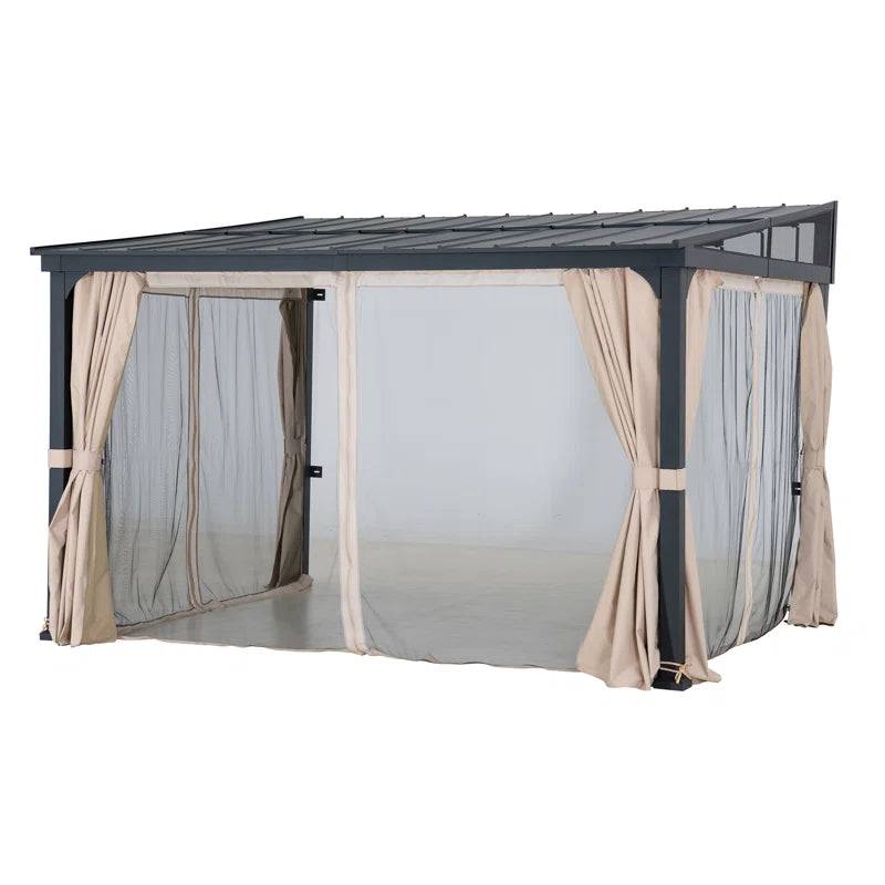 10 X 12 Ft Wall-Mounted Gazebo with Powder Coated Steel Roof, Black Aluminum & Metal Frame Lean to Gazebo with Curtains and Netting