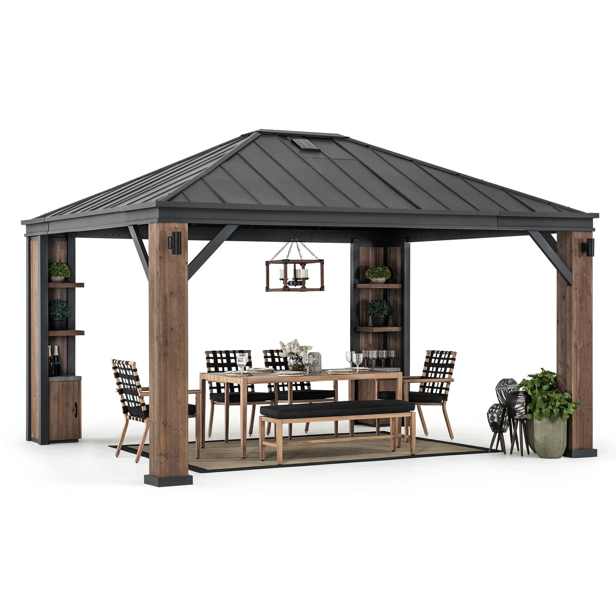 Sunjoy 12 X 14 Ft. Hardtop Gazebo with Solar Powered, Cedar Wood Framed Steel Hardtop Gazebo with LED Lighting, Bluetooth Sound and Storage Racks