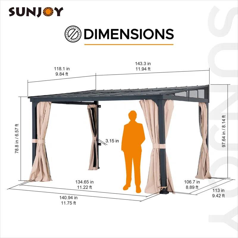 10 X 12 Ft Wall-Mounted Gazebo with Powder Coated Steel Roof, Black Aluminum & Metal Frame Lean to Gazebo with Curtains and Netting