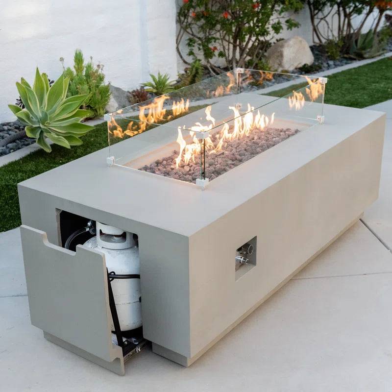 Sedona 66" L X 32 W X 22" H Concrete gas fire pit outdoor with Pull-Out Propane Tank Drawer by AMS Fireplace