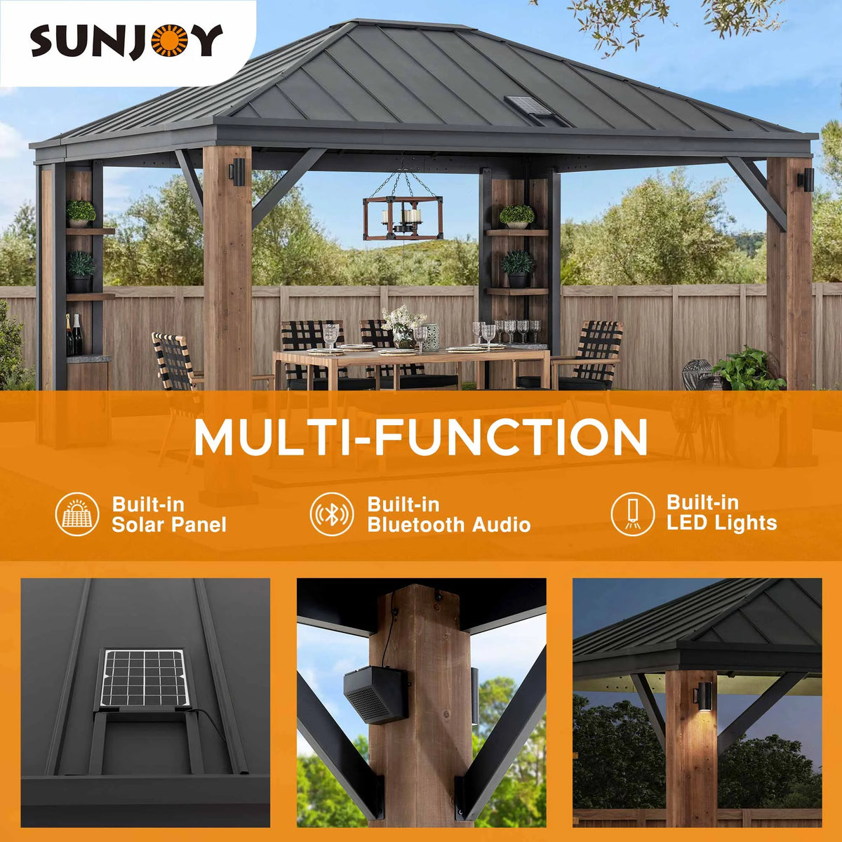 Sunjoy 12 X 14 Ft. Hardtop Gazebo with Solar Powered, Cedar Wood Framed Steel Hardtop Gazebo with LED Lighting, Bluetooth Sound and Storage Racks