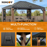 Sunjoy 12 X 14 Ft. Hardtop Gazebo with Solar Powered, Cedar Wood Framed Steel Hardtop Gazebo with LED Lighting, Bluetooth Sound and Storage Racks