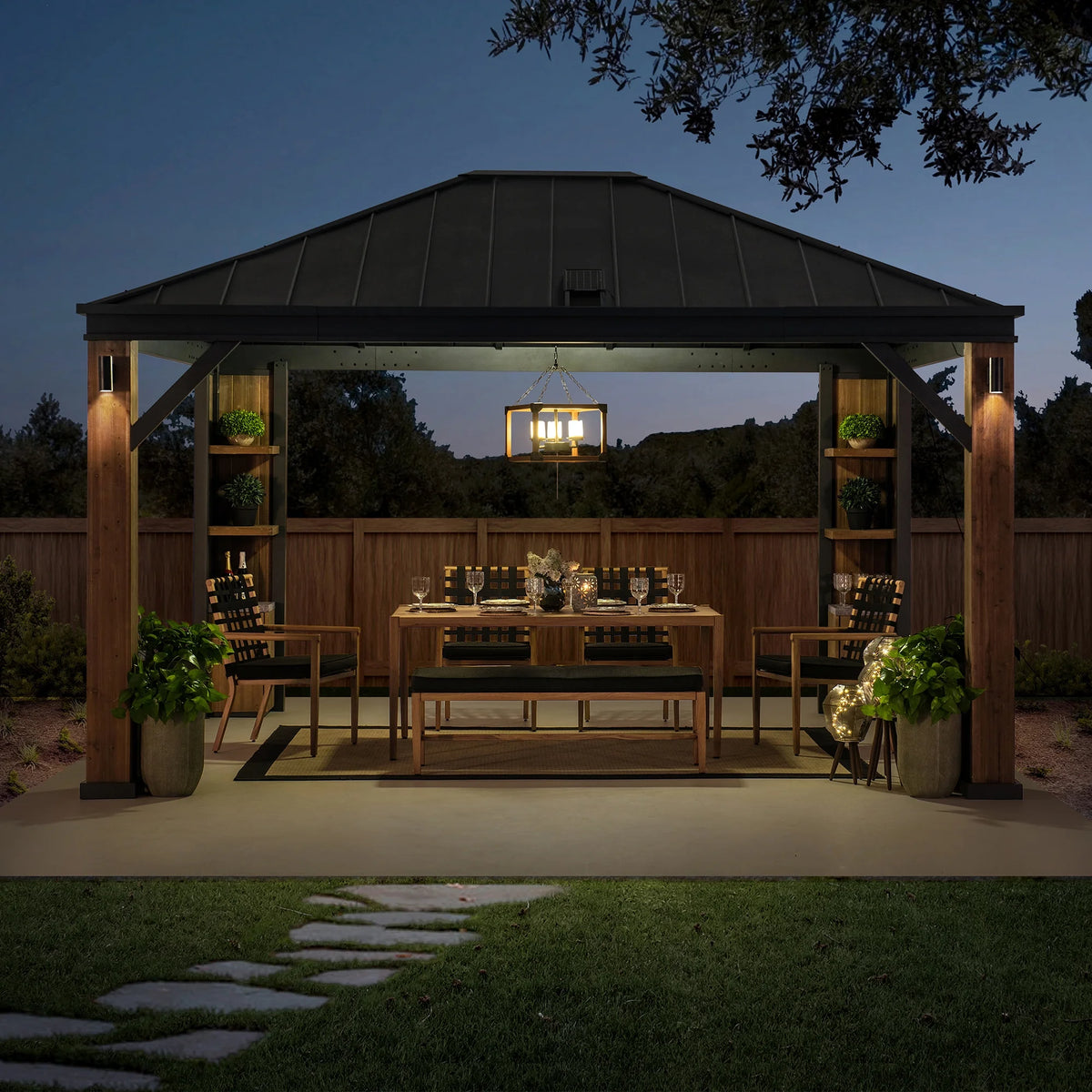 Sunjoy 12 X 14 Ft. Hardtop Gazebo with Solar Powered, Cedar Wood Framed Steel Hardtop Gazebo with LED Lighting, Bluetooth Sound and Storage Racks