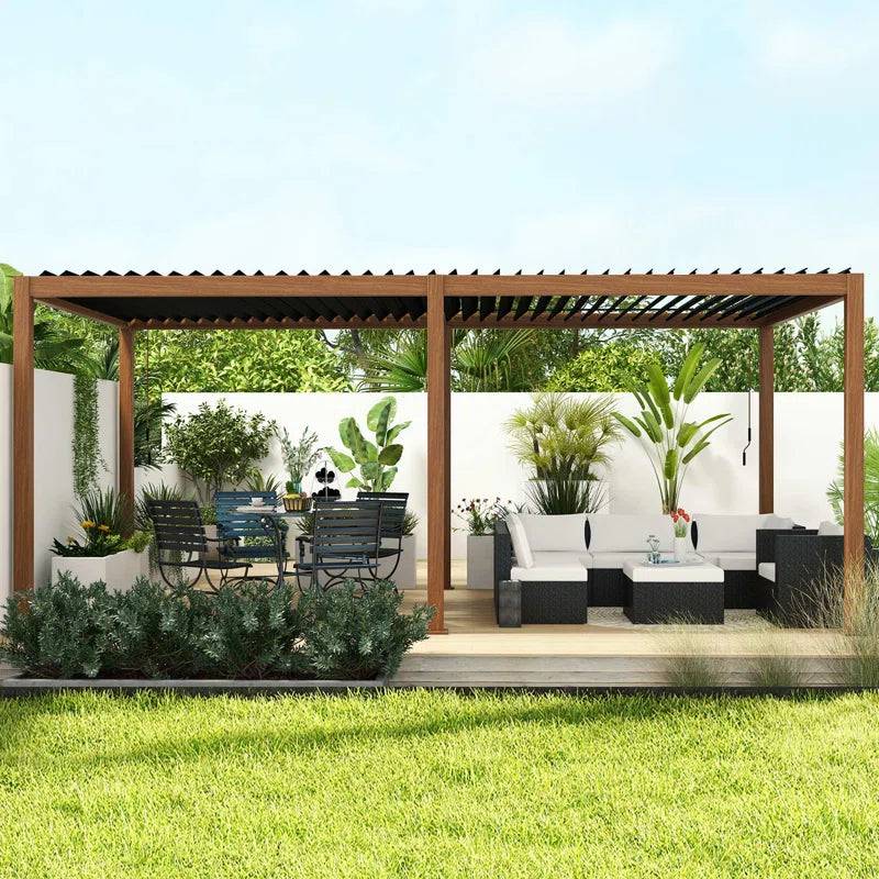 111S Takasho Wood Grain Aluminum Pergola with Adjustable Rainproof Louver