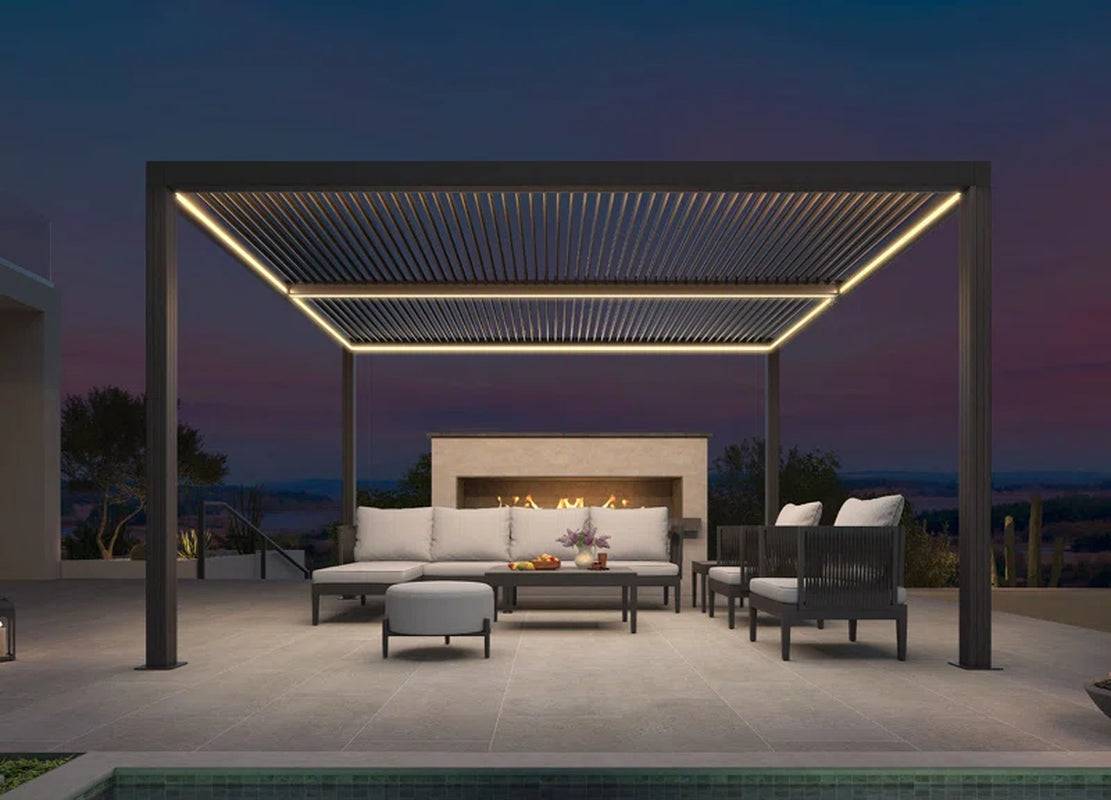 Led Louvered Pergola Full Aluminum Frame and Adjustable Roof Integrated Strip Lights for Outdoor Patio Gray Hardtop Gazebo Pergola