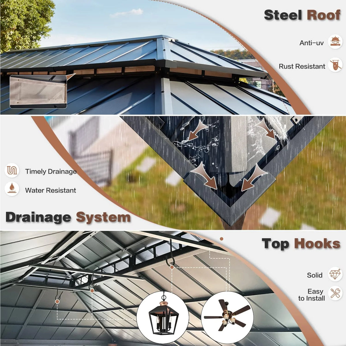 12' X 20' Hardtop Gazebo, Wooden Finish Coated Aluminum Frame Gazebo with Galvanized Steel Double Roof with Curtains and Netting