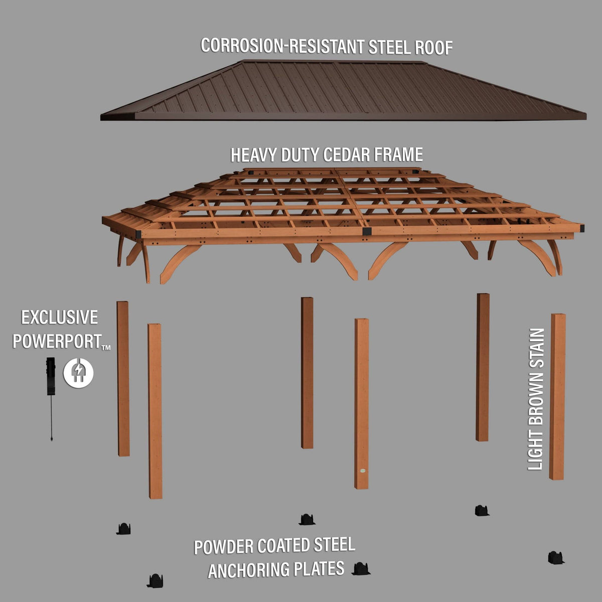 Barrington 20' X 12' Cedar Wood Gazebo, Galvanized Steel Roof, Powerport