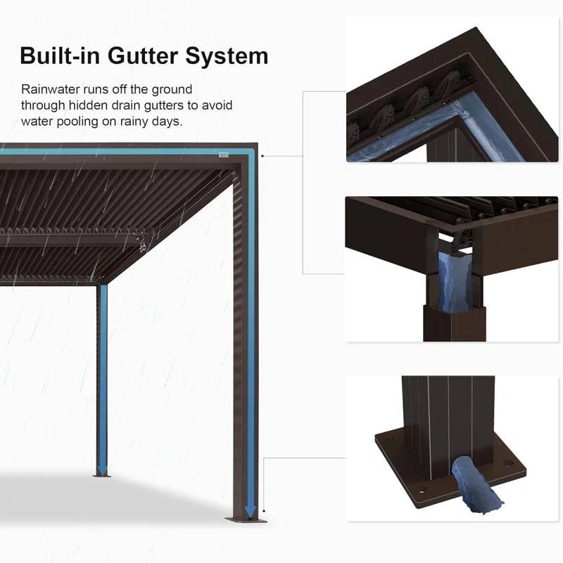 16 Ft. W X 12 Ft. D Aluminum Pergola with Roller Shade, 1 Long Side and 1 Short Side