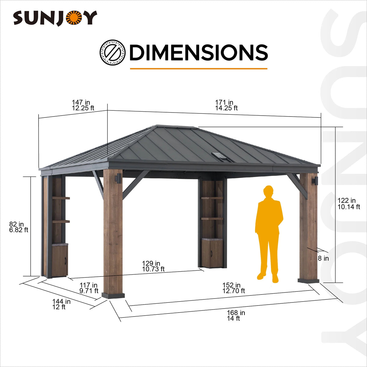 Sunjoy 12 X 14 Ft. Hardtop Gazebo with Solar Powered, Cedar Wood Framed Steel Hardtop Gazebo with LED Lighting, Bluetooth Sound and Storage Racks