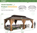 12' X 20' Hardtop Gazebo, Wooden Finish Coated Aluminum Frame Gazebo with Galvanized Steel Double Roof with Curtains and Netting