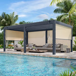 Modern aluminum pergola with adjustable canopy, featuring a sleek design over a poolside seating area with beige curtains and tropical landscaping