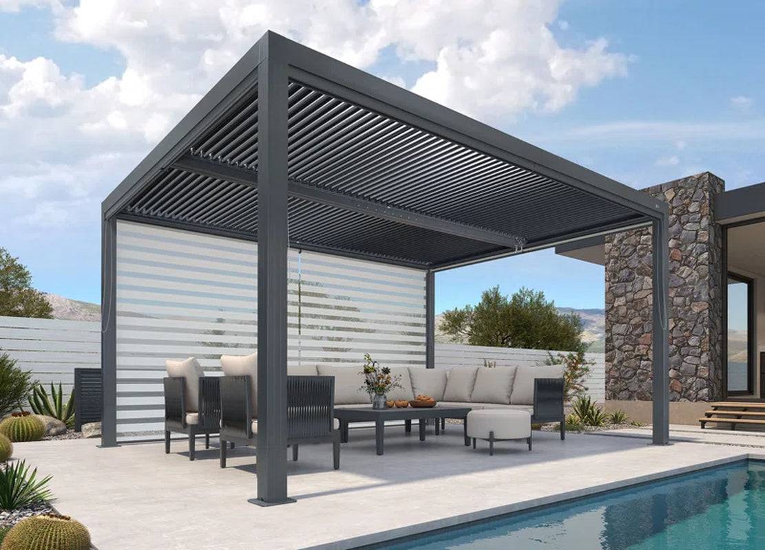 Aluminum retractable pergola with Roller Shade, 1 Long Side